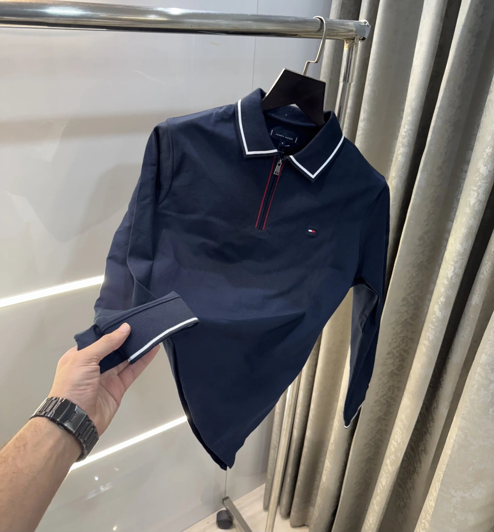 Tomm y Hilfiger Navy Blue Zip Premium Full Sleeve Polo T-Shirt