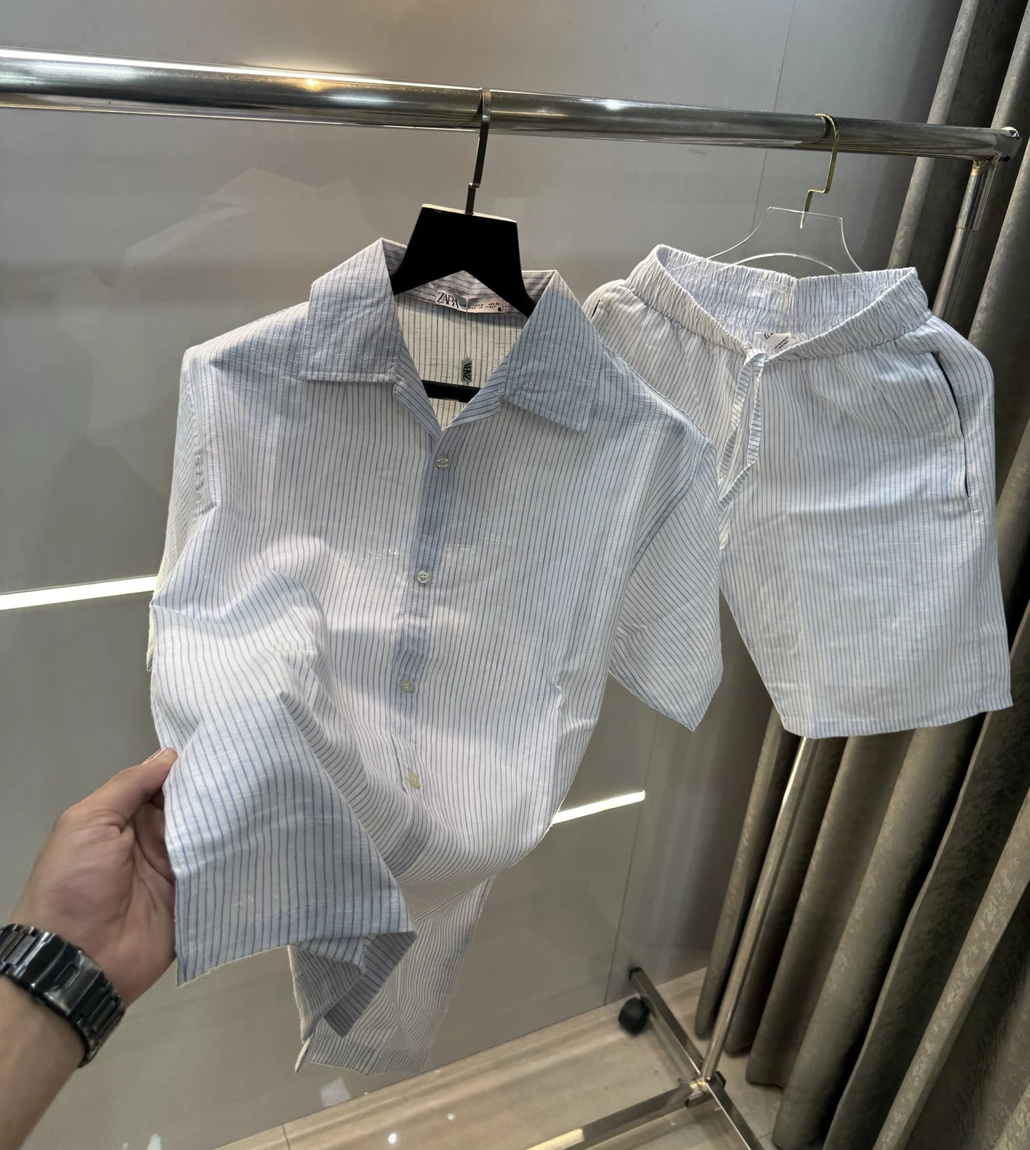 Zar a White blue strips Premium Classic Linen Cord Set
