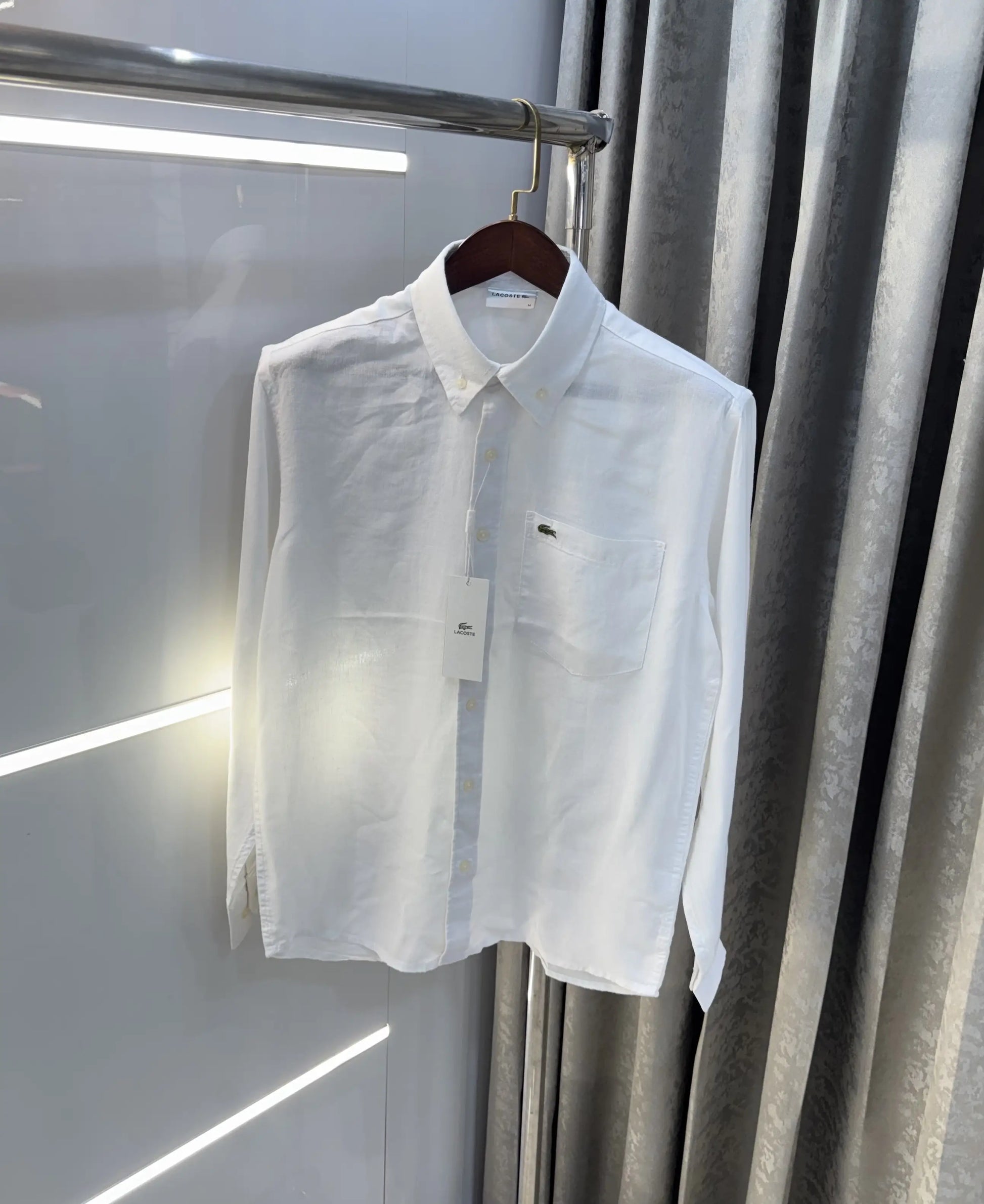 Lacoste White Embroidery Logo Premium Linen Shirt